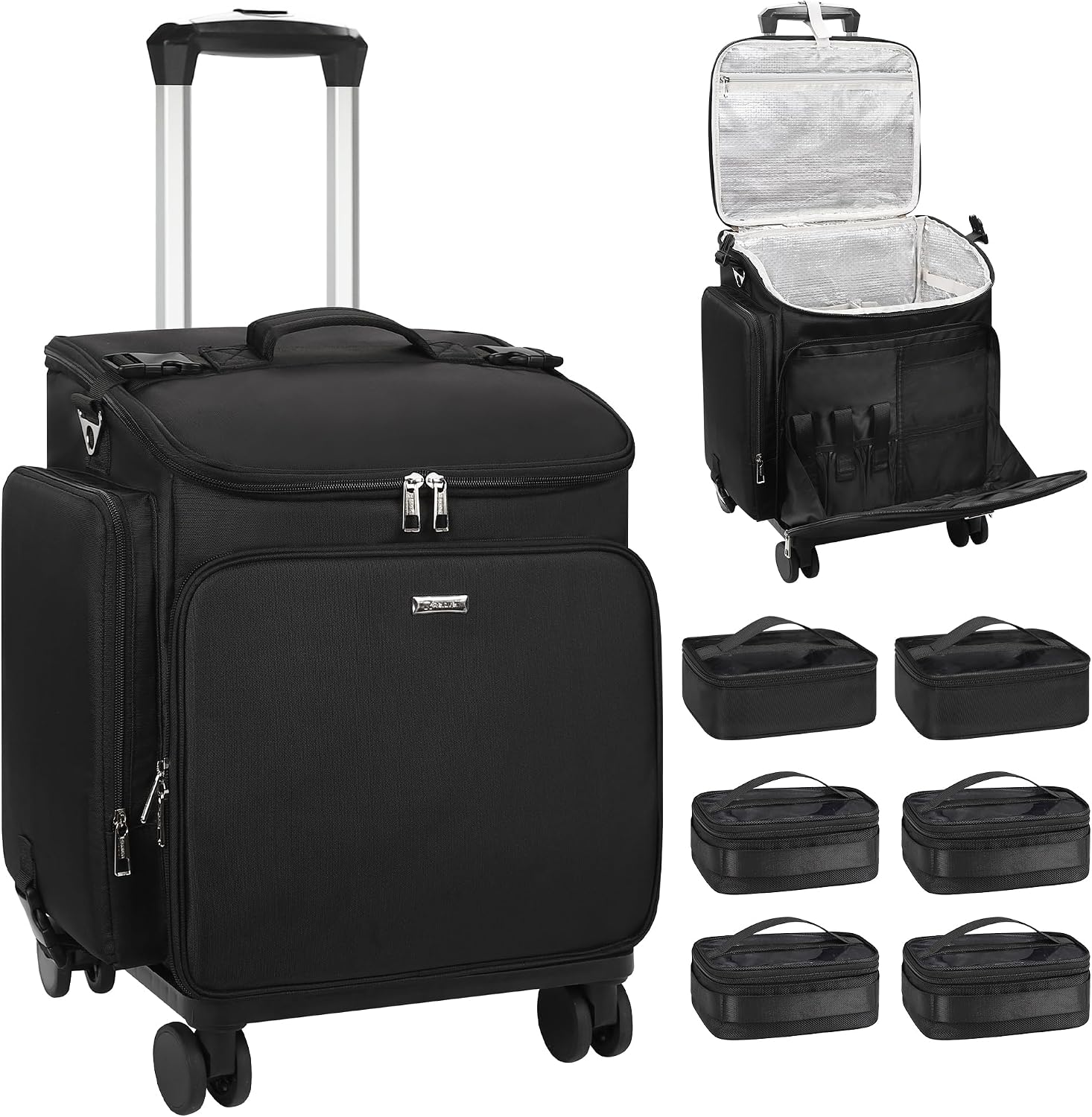 Travel Bags - กระเป๋าเครื่องสำอางแบบมีล้อพร้อมกระเป๋าใส 6 ใบ สำหรับช่างทำผมมืออาชีพ