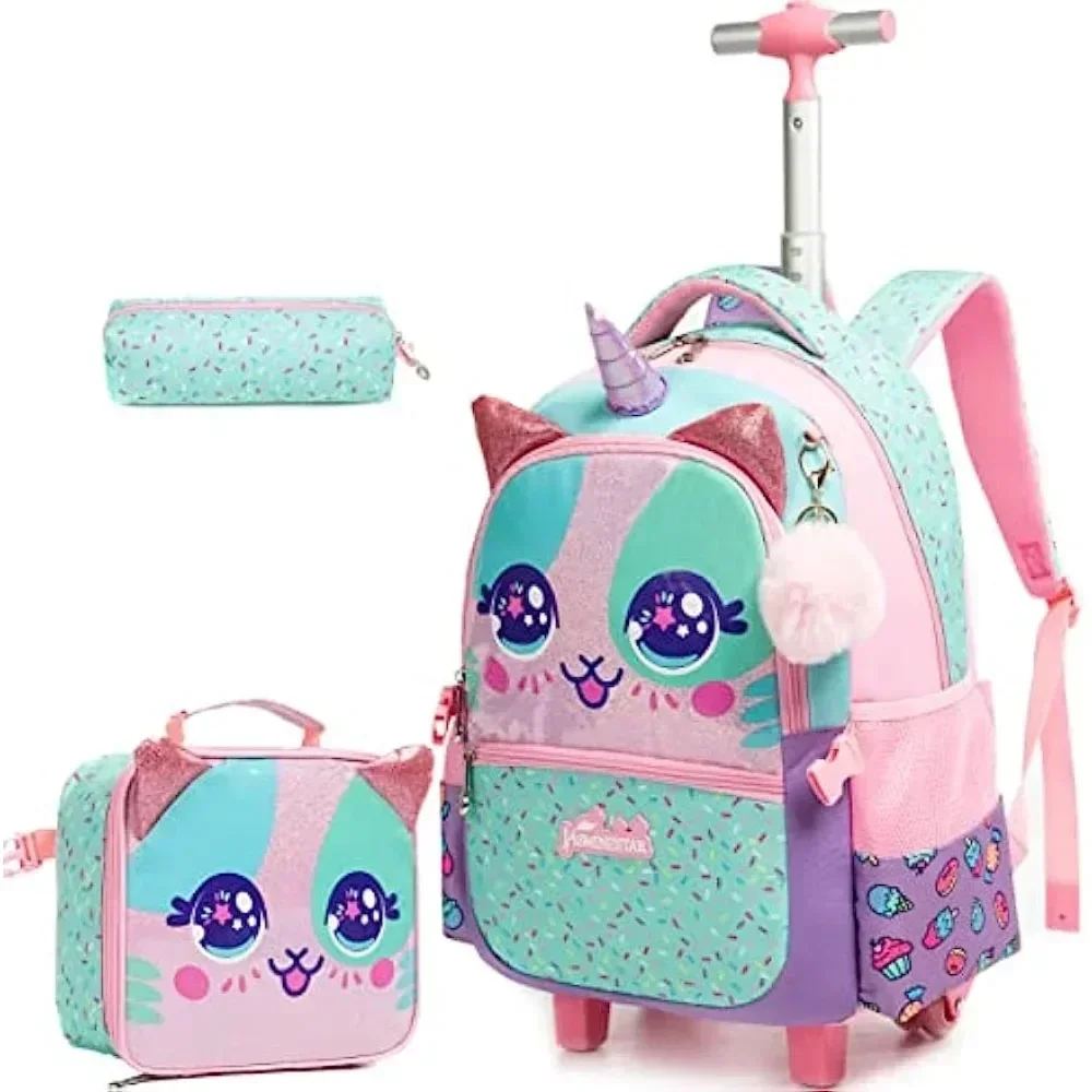 Foldable Rolling Luggage Bag - 3PCS น่ารักกระเป๋าเป้สะพายหลังสําหรับสาวกระเป๋าเป้สะพายหลังล้อสําหรับนักเรียนชั้นประถมศึกษาเด็ก 3 ใน 1 กระเป๋าเดินทางพกพากระเป๋าเดินทาง