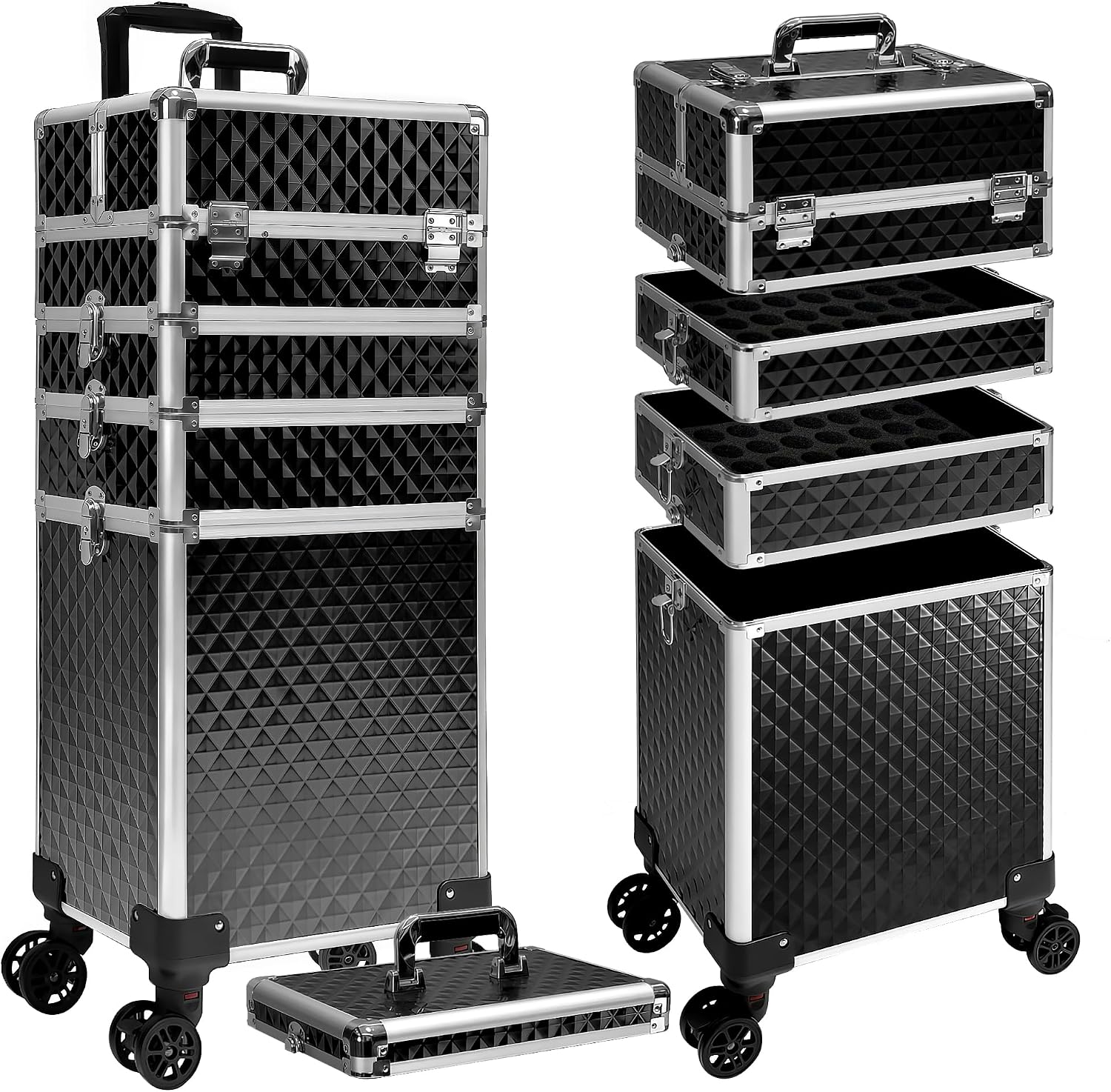 Luggage - กระเป๋าเครื่องสำอางแบบมีล้อ, กล่องเก็บเครื่องสำอางแบบรถเข็น, กล่องเก็บอุปกรณ์เสริมสวยสำหรับร้านเสริมสวย, ที่เก็บอุปกรณ์แบบหลายชั้นพร้อมล้อเลื่อนถอดได้, สไตล์คลาสสิก, สีดำล้วน,