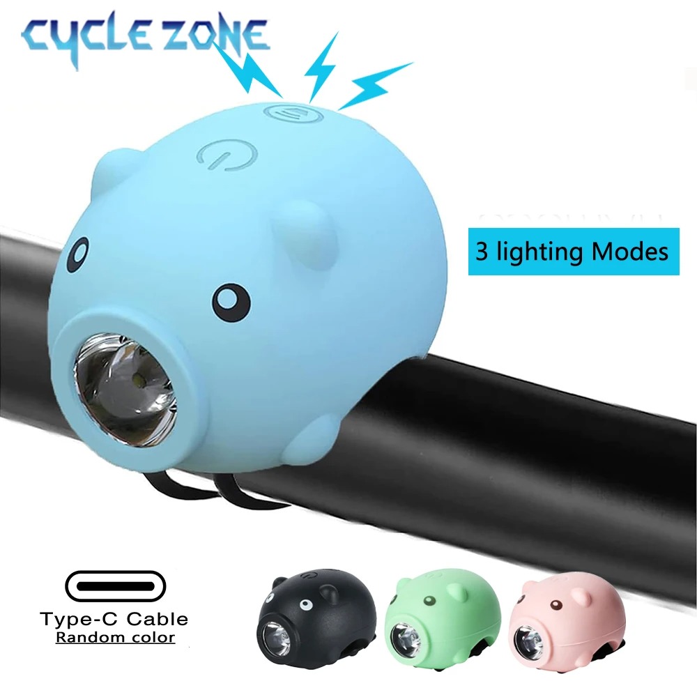 Kids Ride On Suitcase Scooter - ไฟหน้าจักรยานรูปหมูน่ารักพร้อมแตร แบบชาร์จ Type-C ไฟหน้า 3 โหมดสำหรับจักรยานเด็ก