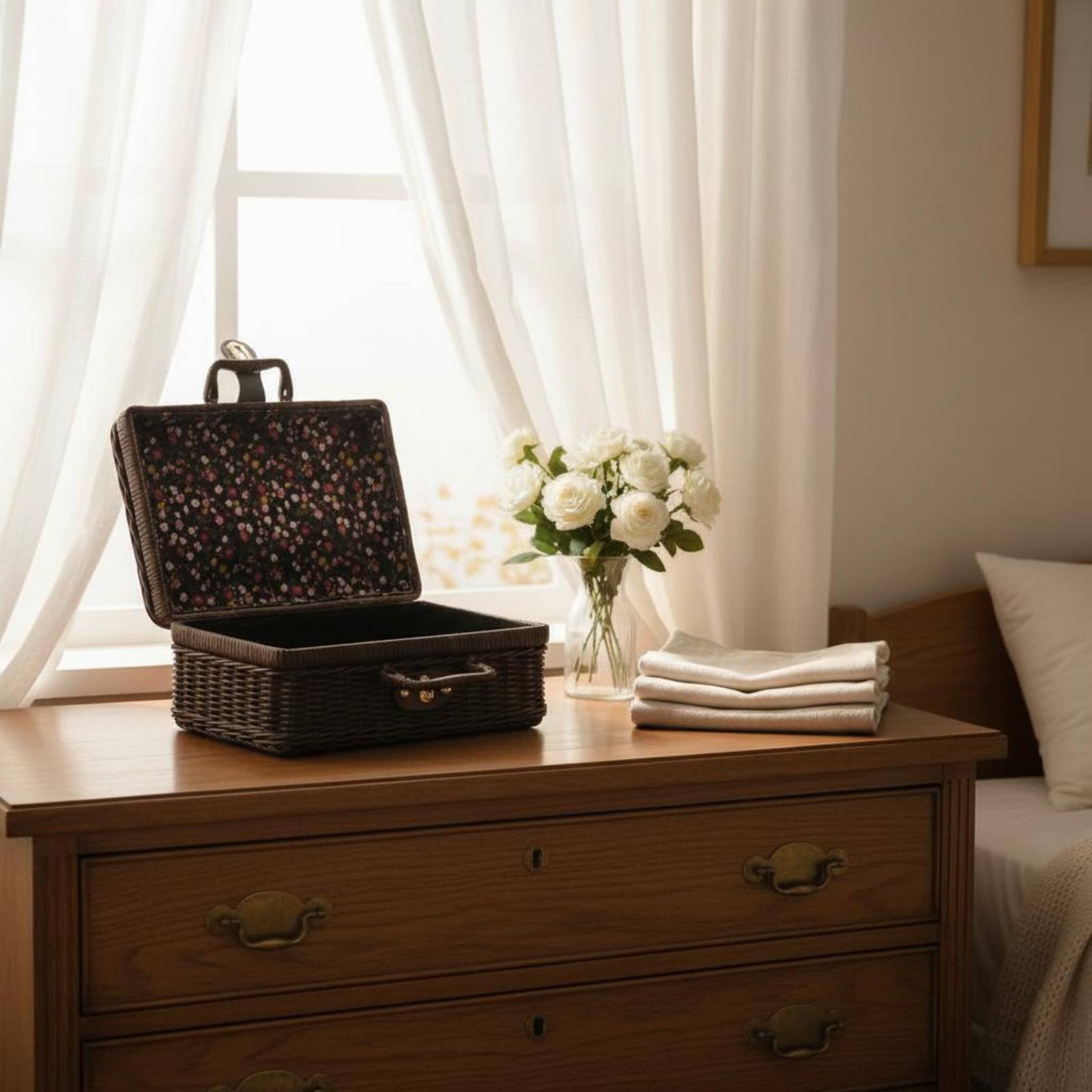 Retro Vintage Trunk Suitcase - กระเป๋าเดินทางดีไซน์วินเทจพร้อมหูหิ้ว กระเป๋าเดินทางแบบทอ ดีไซน์วินเทจ กล่องเก็บของอเนกประสงค์ กล่องเก็บของย้อนยุค ลายดอกไม้